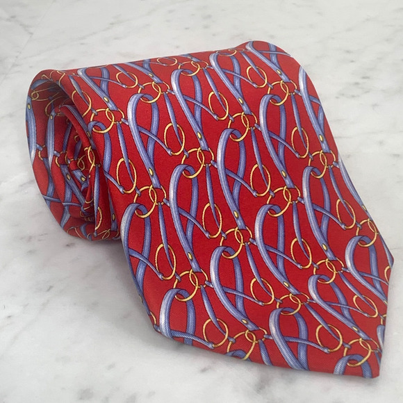 GUCCI Tie 100% Silk Vintage 58-1/2" x 3-3/4" Red w Blue Belt Loop Gold Rings EUC - Picture 1 of 11